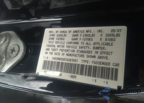 2007 Honda Accord 3.0 Ex z USA, uszkodzony, nr VIN 1HGCM66587A083061